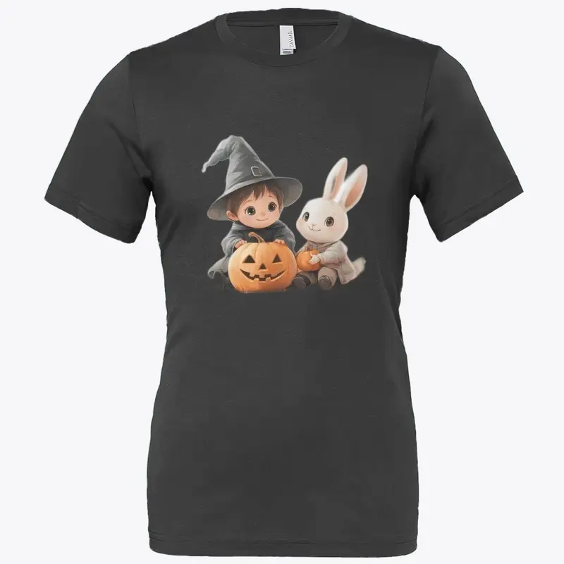 "Little Witch and Bunny with Pumpkins"