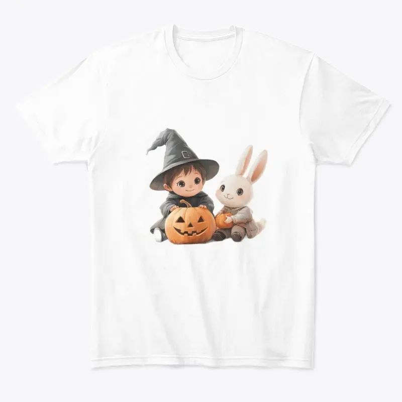 "Little Witch and Bunny with Pumpkins"