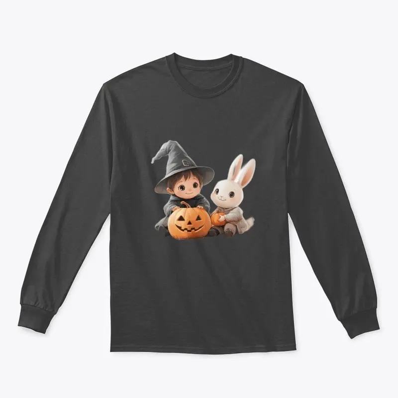 "Little Witch and Bunny with Pumpkins"